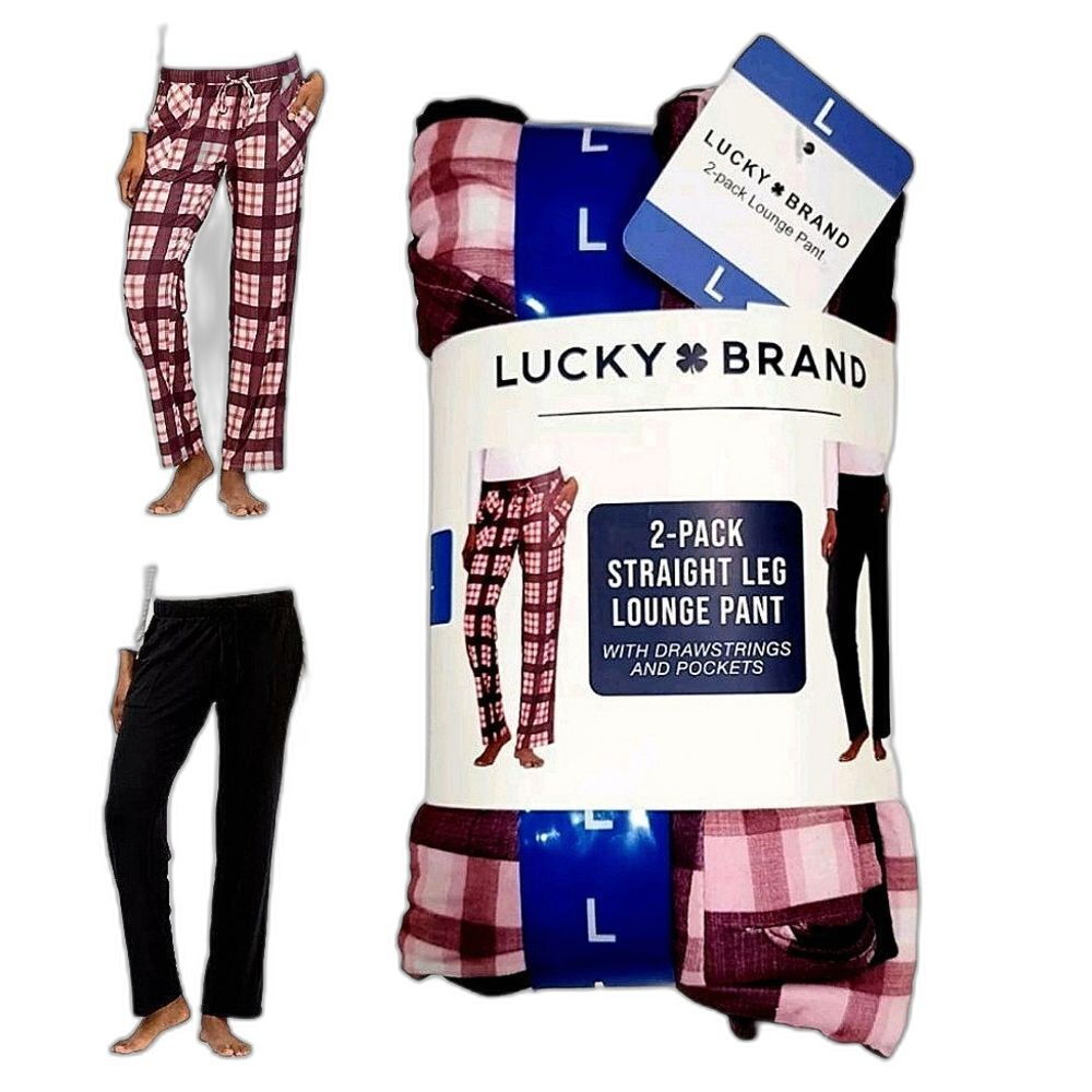 2-pk Lucky Brand Women's L Comfy Straight Leg Lounge PJ Pants Black + Plaid NWT